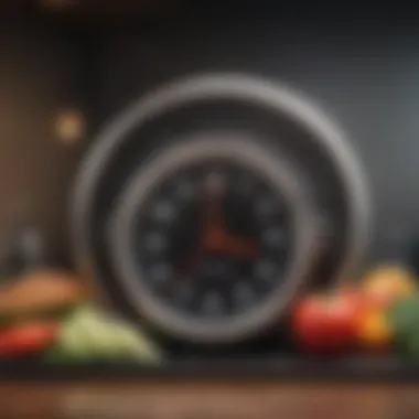 Timing of meals displayed on a clock with healthy foods