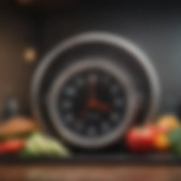 Timing of meals displayed on a clock with healthy foods