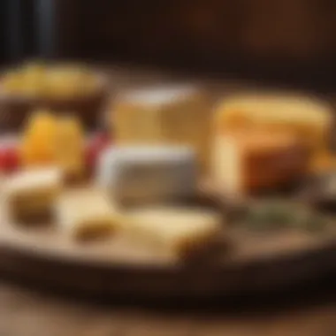 A variety of cheese types displayed on a wooden board