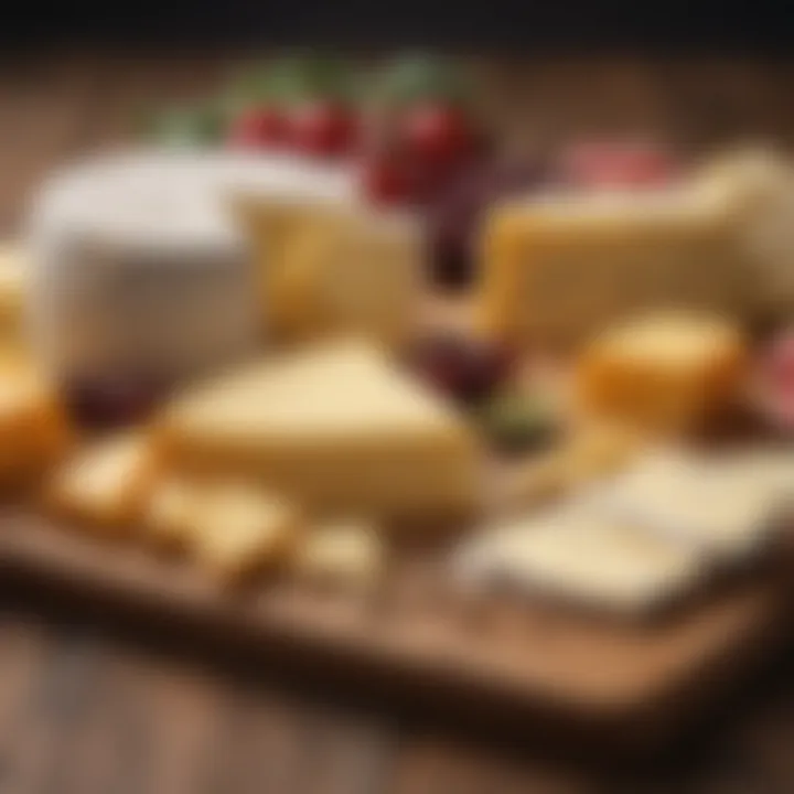 Variety of cheese types displayed on a wooden board