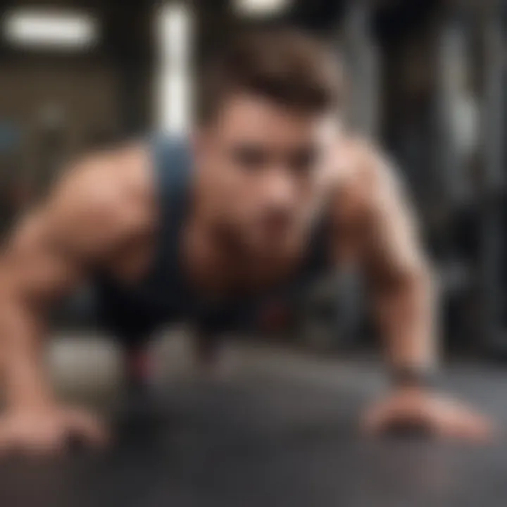 A close-up of a person performing push-ups on a gym mat showcasing proper form