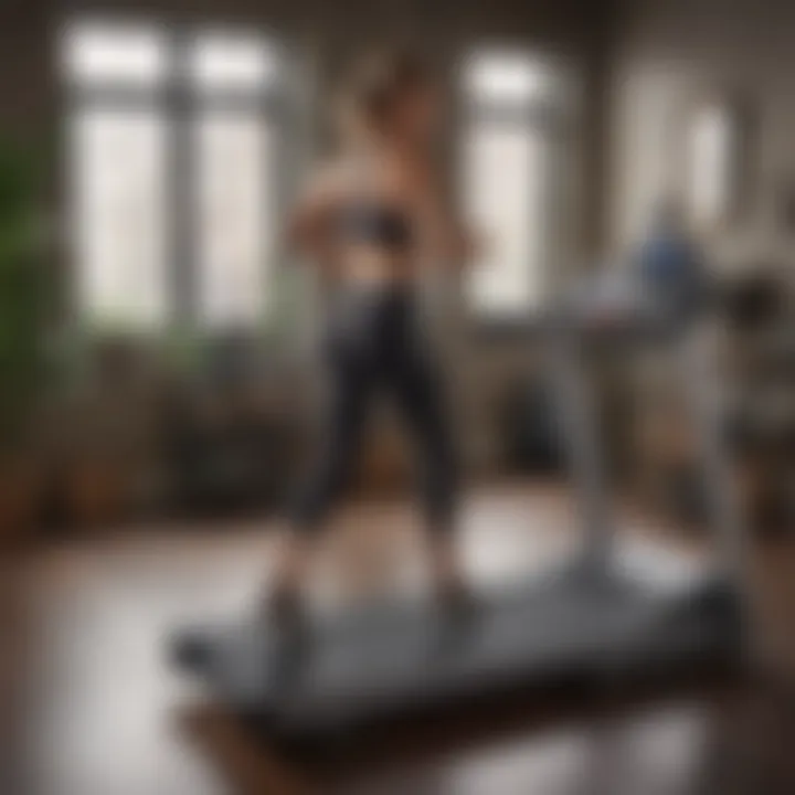 A stylish home gym featuring a walking treadmill