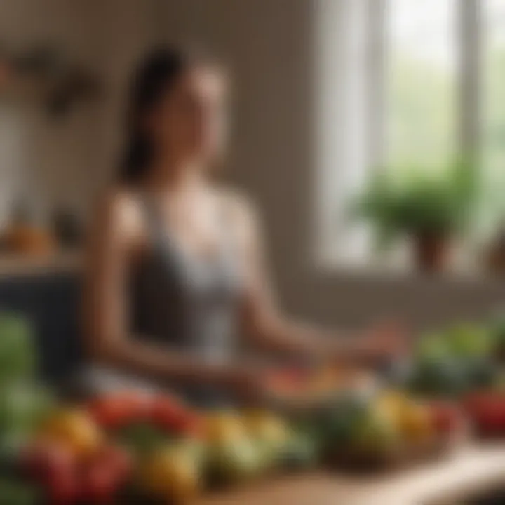 A serene setting with a person meditating alongside a bowl of fresh fruits and vegetables symbolizing holistic health