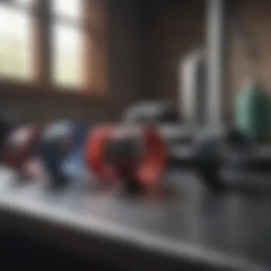 Various fitness trackers lined up on a gym bench