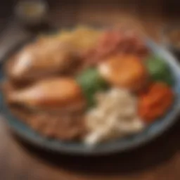 A plate filled with a variety of protein-rich foods including chicken, fish, and legumes