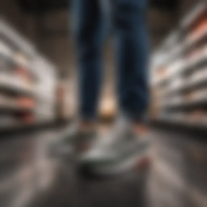 A person testing sneakers for fit and comfort in a well-lit store