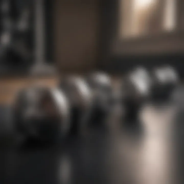 A compact set of dumbbells arranged neatly on a gym floor