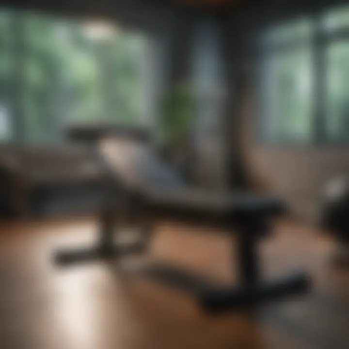 A multi-purpose workout bench in a home gym setting