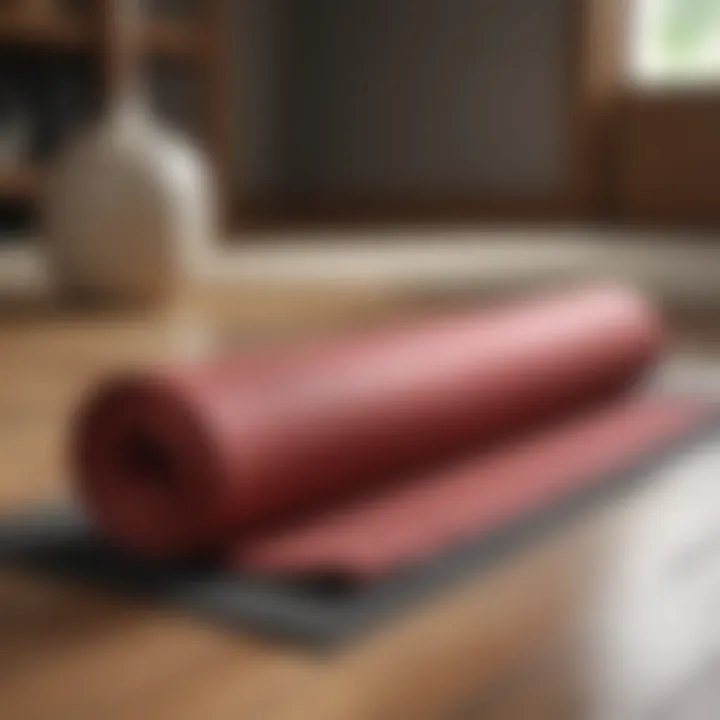 A yoga mat laid out on a wooden floor, showcasing its texture