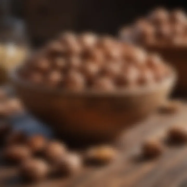 A selection of nuts in a wooden bowl on a rustic table