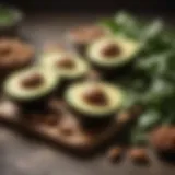 A visually appealing assortment of keto-friendly foods including avocados, nuts, and leafy greens.