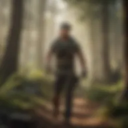 A scenic view of a ranger in a natural environment performing a functional fitness exercise.