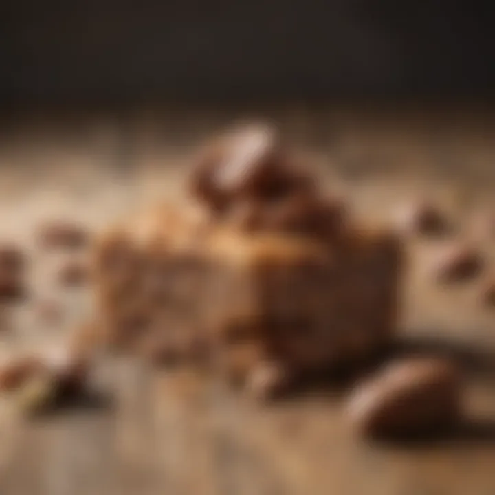 Close-up of a protein-packed energy bar with natural ingredients displayed on a rustic background.