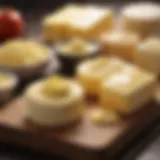 Varieties of margarine spread on a wooden board