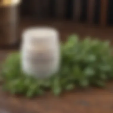 Soothing Balm Application A soothing balm in a small container next to fresh herbs