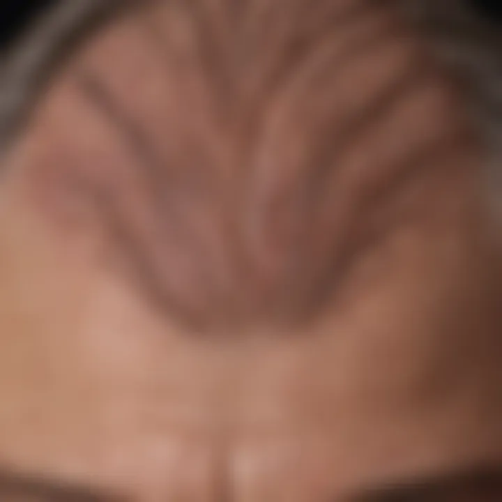 A close-up view of a scalp showing fine wrinkles and texture