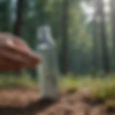 A person applying a synthetic tick repellent spray outdoors