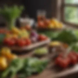 Fresh vegetables and fruits arranged on a wooden table