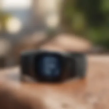 A fitness tracker displaying activity levels and health data