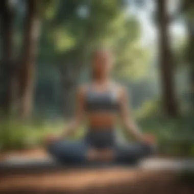 A serene outdoor setting with a person practicing yoga