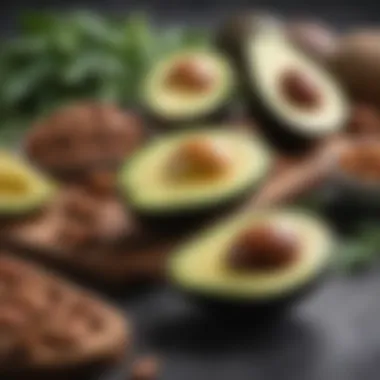 Selection of keto-friendly foods including avocados, nuts, and leafy greens