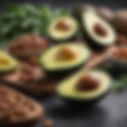 Selection of keto-friendly foods including avocados, nuts, and leafy greens