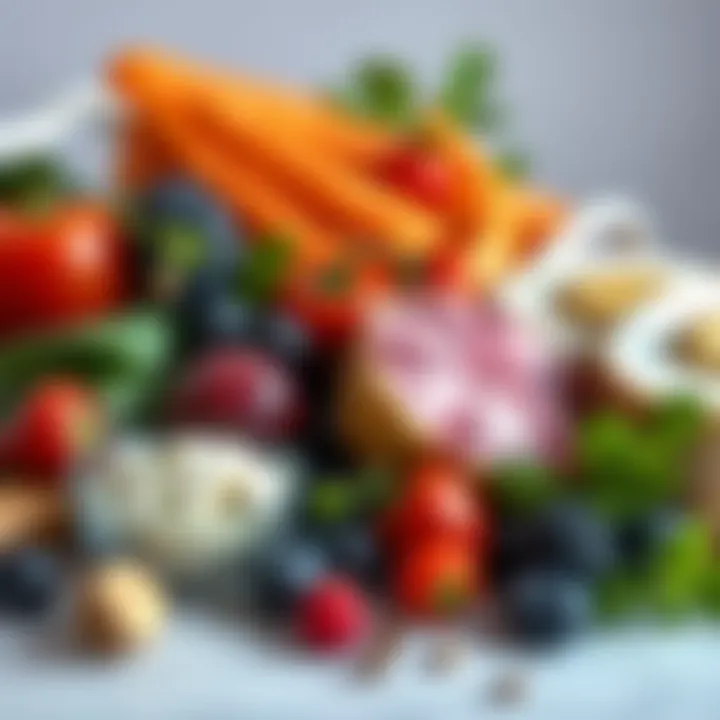 An arrangement of nutritious foods emphasizing the importance of variety in a weight loss diet.