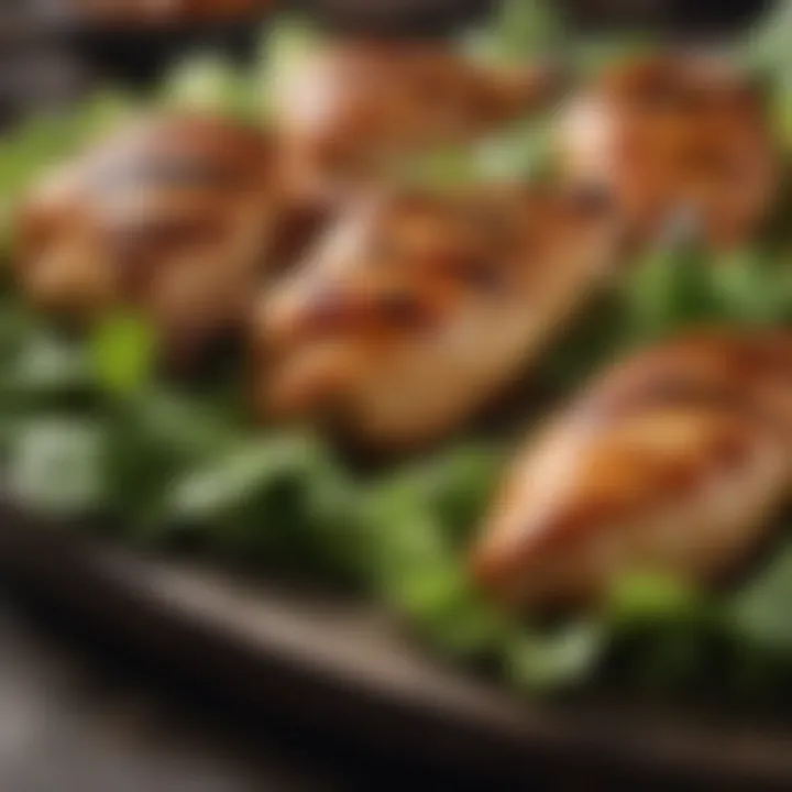 A close-up of grilled chicken pieces on a bed of crisp lettuce.