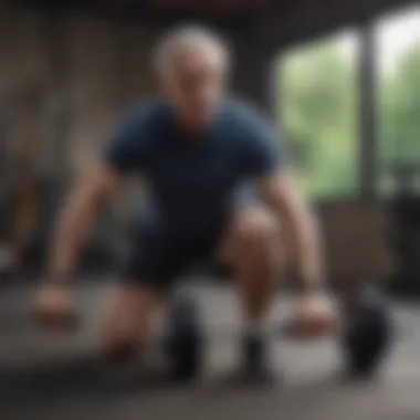 A mature individual engaging in strength training with weights in a home gym environment.