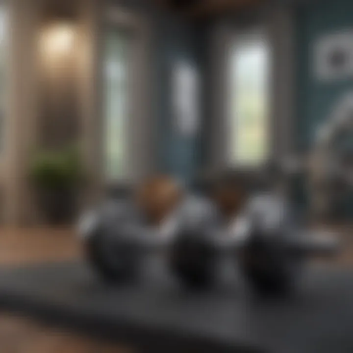An elegant home gym setting featuring adjustable dumbbells