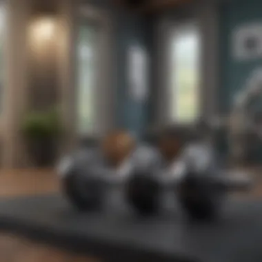Home Gym Aesthetics with Adjustable Dumbbells An elegant home gym setting featuring adjustable dumbbells