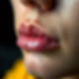 Close-up view of lip blisters with inflammation