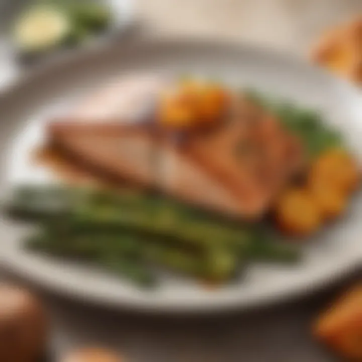 A delicious grilled salmon fillet served with asparagus and sweet potatoes on a plate