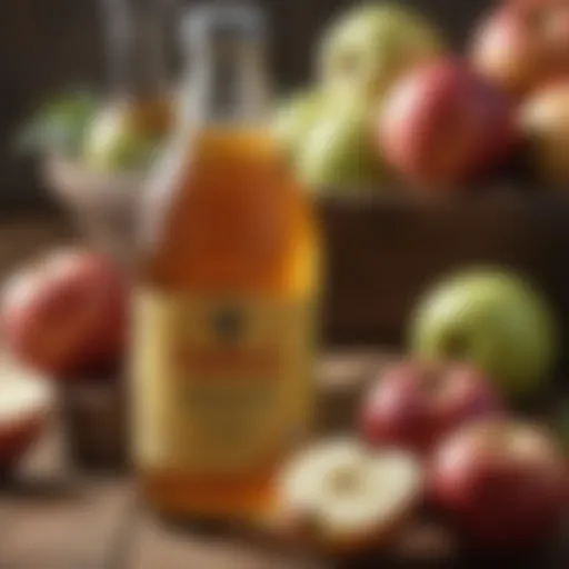 Close-up view of apple cider vinegar in a glass bottle with fresh apples