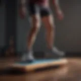 A person performing a unilateral balance exercise on a balance board