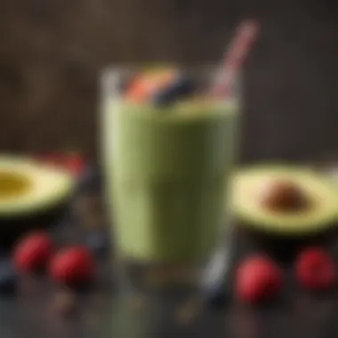 A refreshing avocado smoothie served in a glass, topped with seeds and berries.