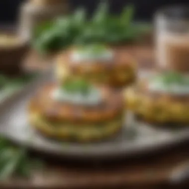 Flavorful Zucchini Fritters with Herb Garnish An elegant display of zucchini fritters topped with fresh herbs and served with dip.