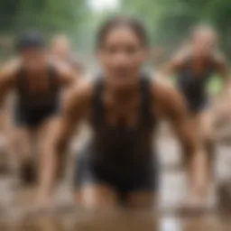 A dynamic scene of participants navigating a muddy obstacle course.