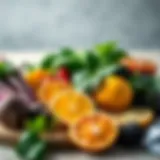 A vibrant spread of nitric oxide-rich foods including beets, spinach, and citrus fruits.