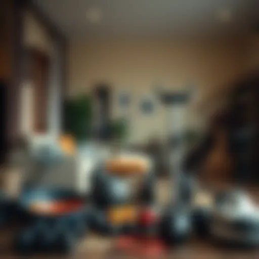 Diverse home workout equipment arranged neatly in a cozy living space