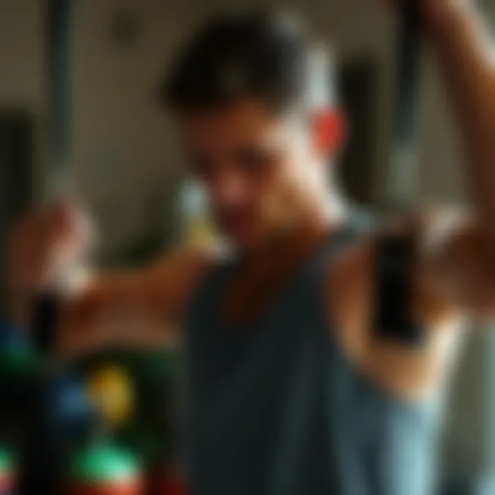 A focused individual using resistance bands for strength training at home