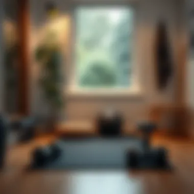 Yoga mat and dumbbells set up in a peaceful home gym corner