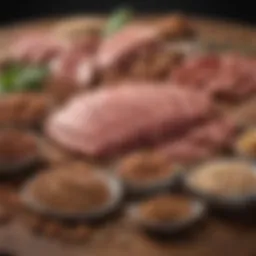 An array of protein-rich foods including lean meats, legumes, and nuts.