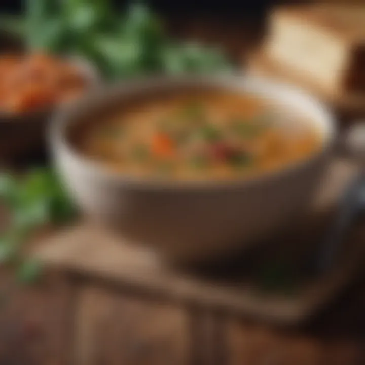 A hearty lentil soup garnished with fresh parsley and spices