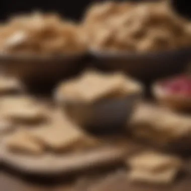 A selection of whole grain snacks like crackers and bars artistically displayed.