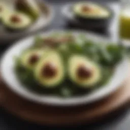 A beautifully arranged keto meal featuring avocados and greens