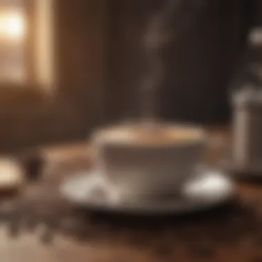 A steaming cup of coffee with beans scattered around