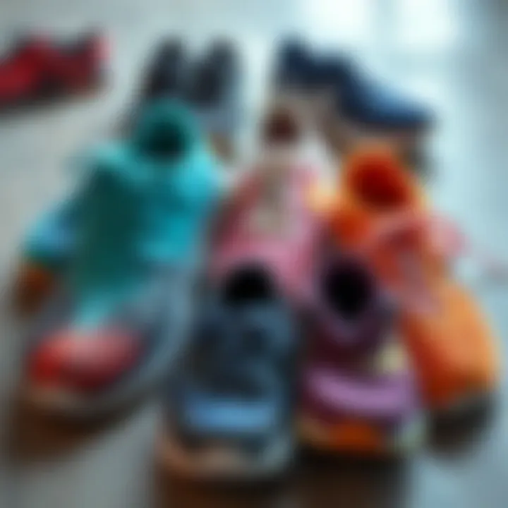An assortment of colorful footwear laid out, representing different styles for active living.
