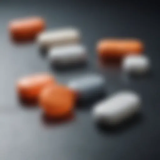 A close-up of various anti-depression medication pills on a reflective surface.