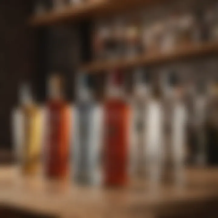 A selection of low carb vodka bottles on a wooden bar shelf